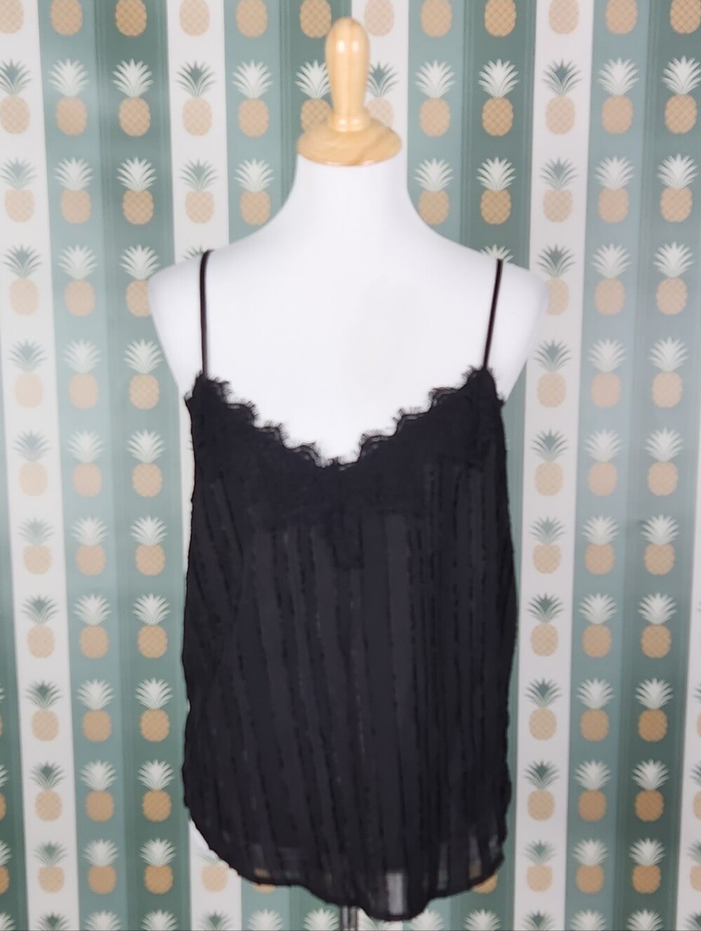 Heartloom Black Lace Trim Sheer Striped Cami